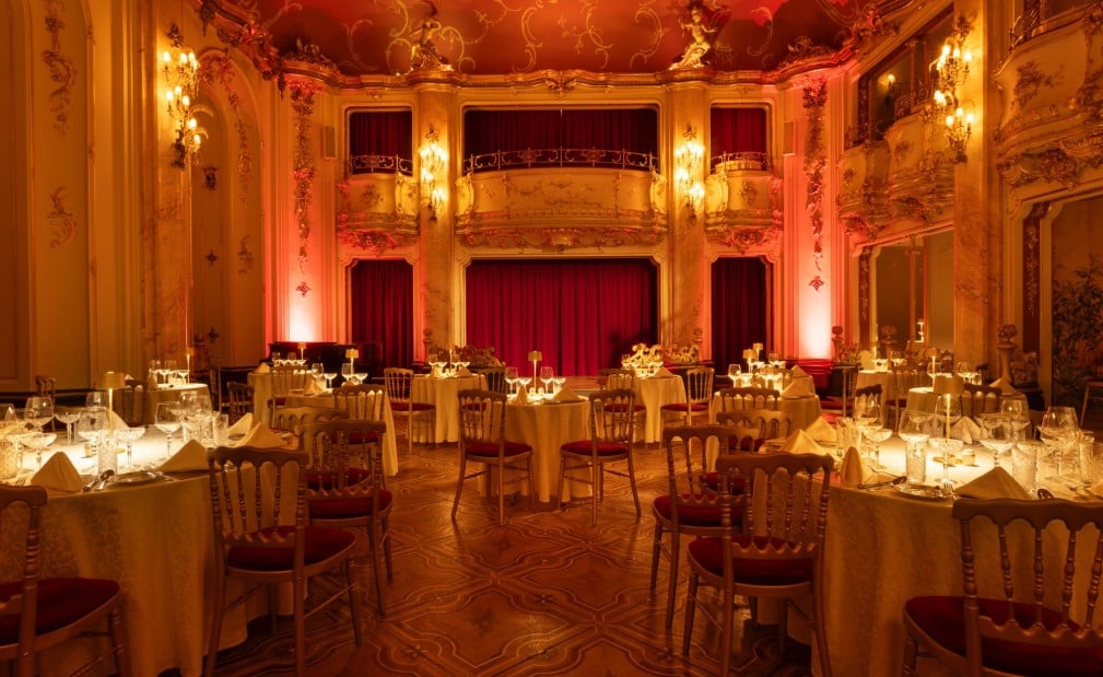 Boccaccio Ballroom set for the Mozart Dinner in the evening