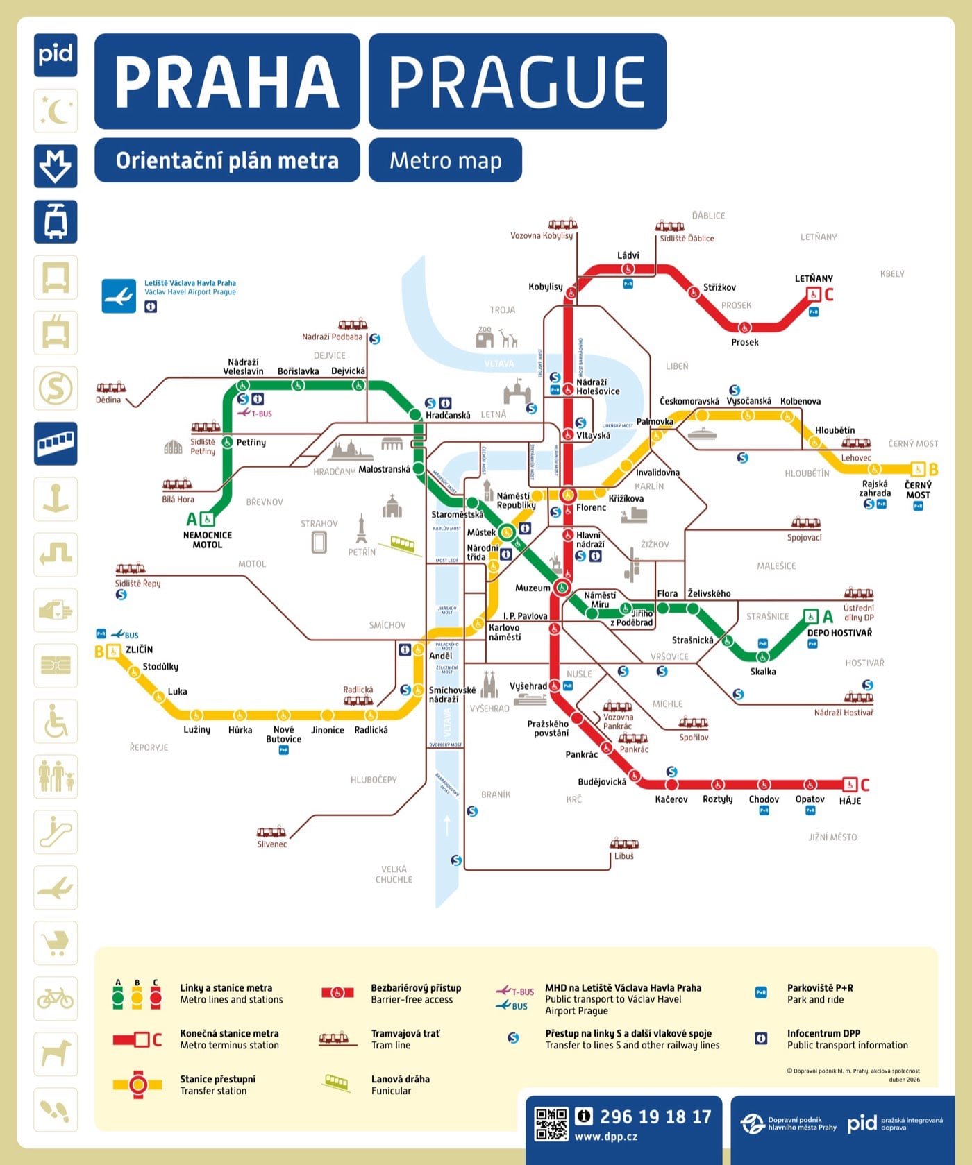 Prague metro map - lines A, B and C with barrier-free stations marked (April 2026)